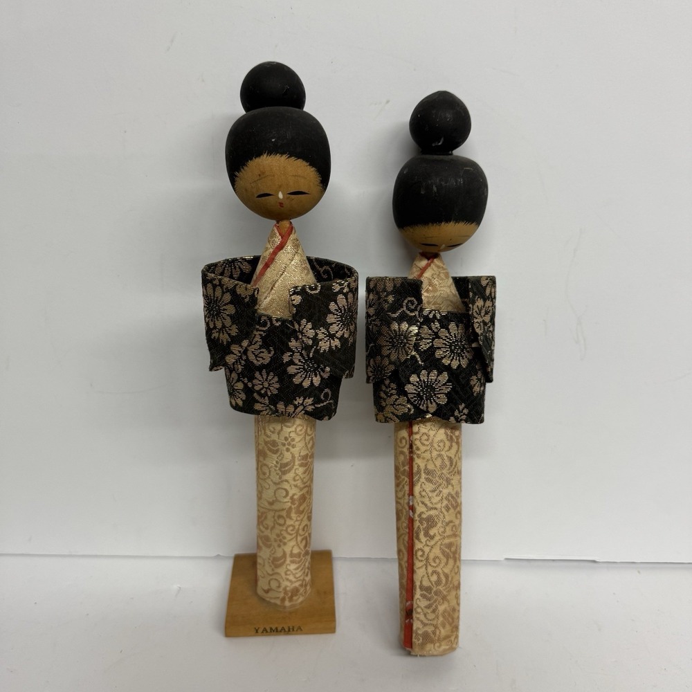 Vintage Japan Kokeshi Dolls Traditional Outfit Ornate Fabric Set Of 2 SEE‎ PICS